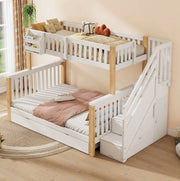 Letto a castello per bambini 140x200 cm con contenitori; cassetto e scala contenitore in legno bianco e naturale