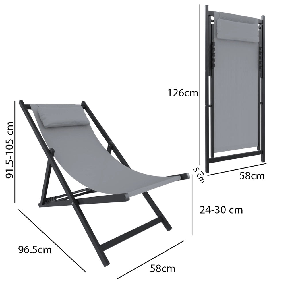 Set di 2 Sdrai Da Giardino Schienale Regolabile Pieghevole Ergonomica Con Cuscino Traspirante Struttura Nera In Alluminio Da Esterno Piscina Mare Portata 160 Kg Grigio