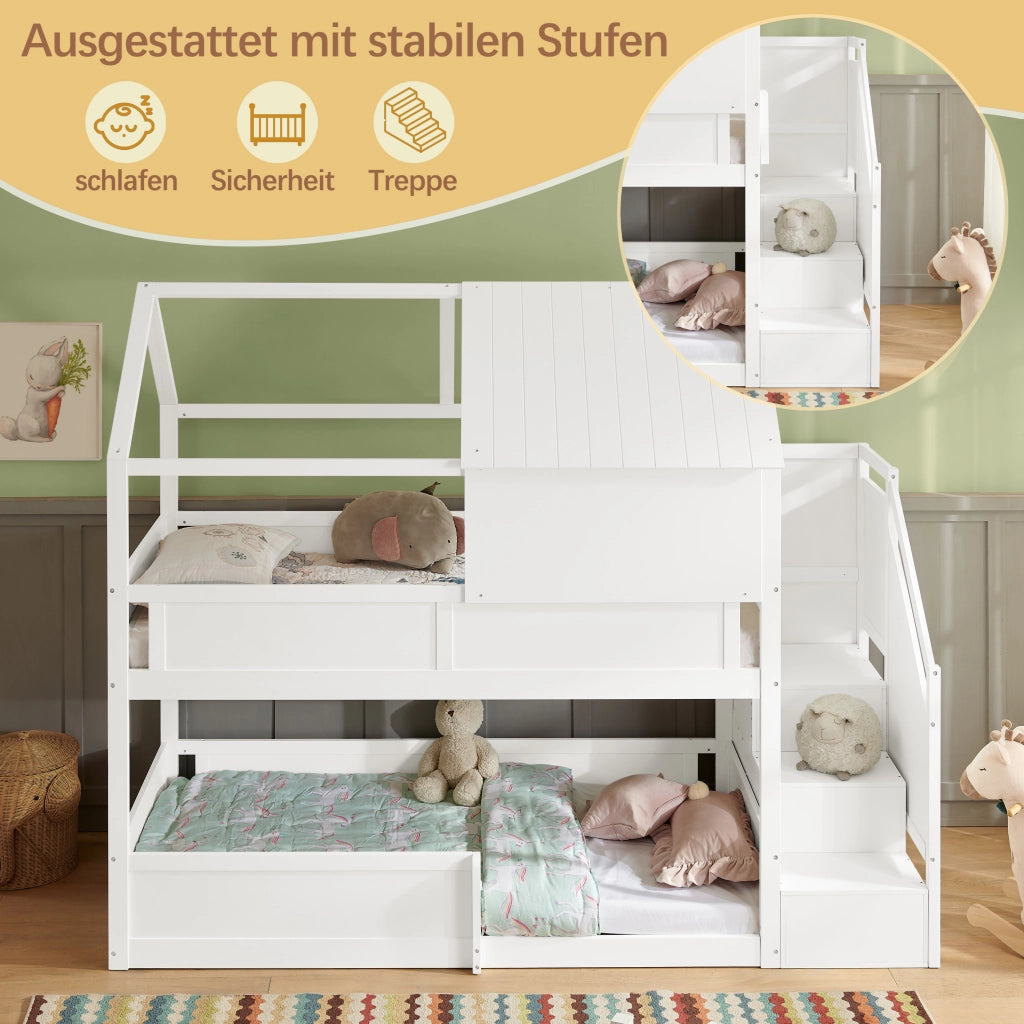 Letto a castello per bambini 80 × 200 cm con tetto, scala laterale et barriere di sicurezza, senza materasso, bianco