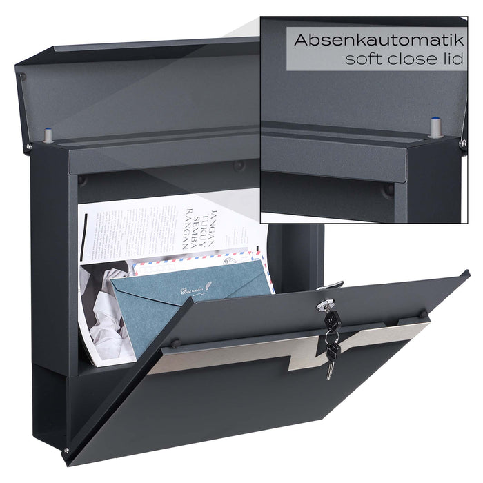 Cassetta postale V60 con portagiornale, antracite e inox, soft-close, 370 x 105 x 370 mm