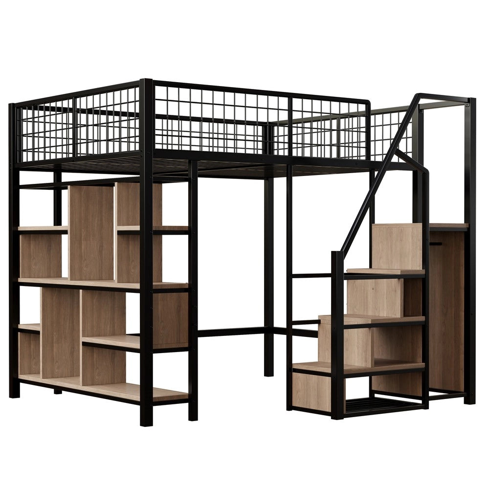 Letto a Soppalco Multifunzionale con Contenitore e Scala ¨C MINIMAL ¨C Metallo Nero 140x200