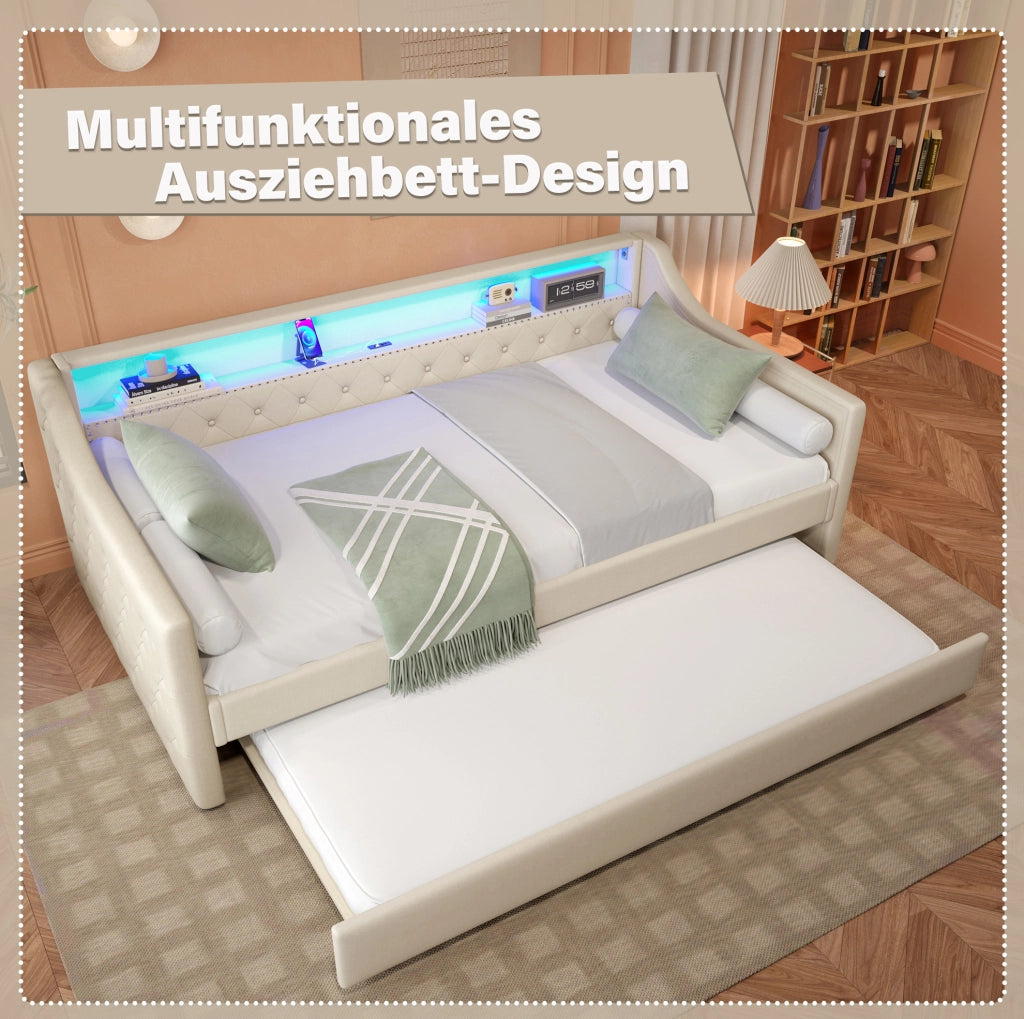 Daybed 90 x 200 cm con letto estraibile; LED controllabile via app e porte USB beige