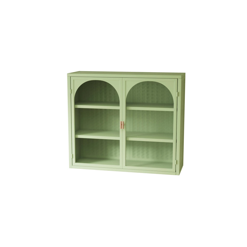 Armadio da Parete con 2 Ante in Vetro e 3 Ripiani; Mensola Rimovibile; Motivo Intrecciato; Stile Moderno; in Metallo; 70 cm; Verde