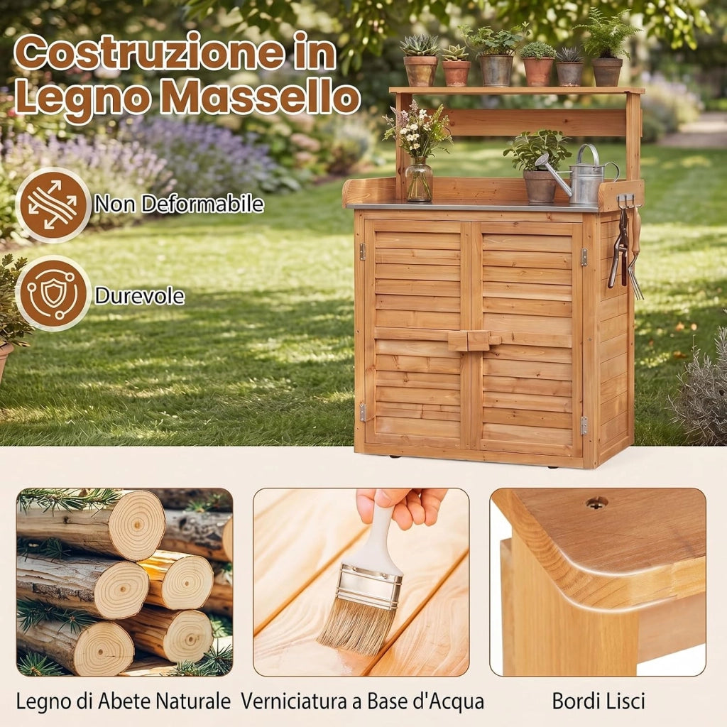 Armadietto da Esterno in Legno a 2 Livelli (Legno) | con Piano in Metallo Zincato, 3 Ganci Appendiabiti, Ripiani Rimovibili e Ante a Doghe, da Giardino, Balcone e Cortile