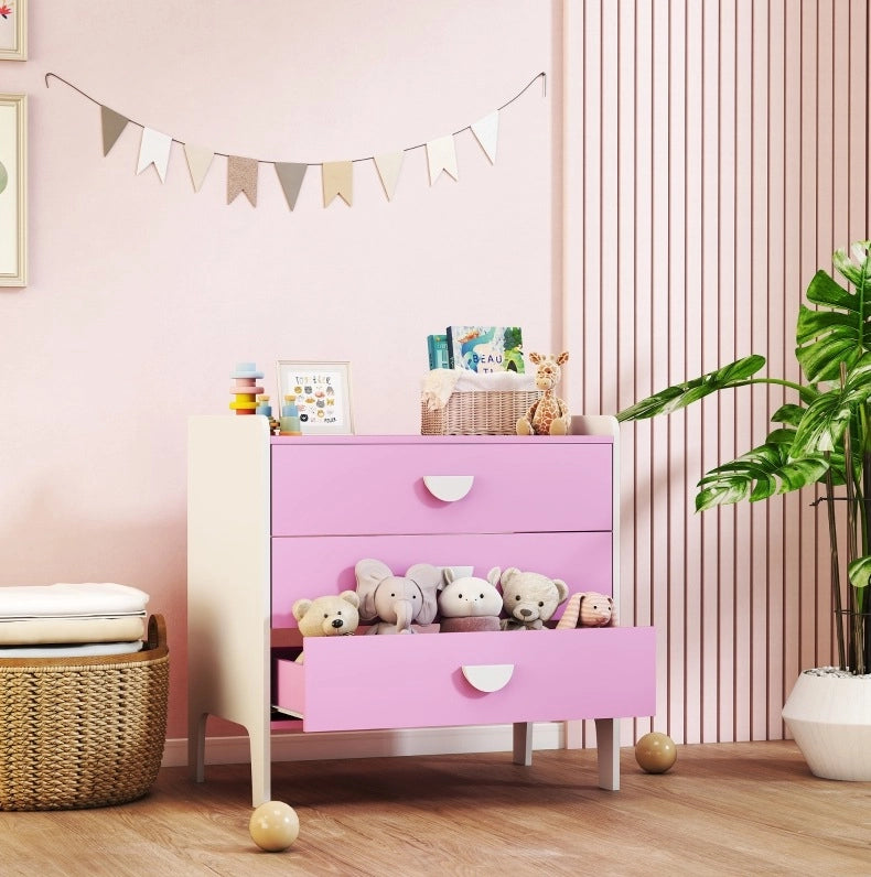 Cassettiera per bambini rosa e bianca con 3 cassetti
