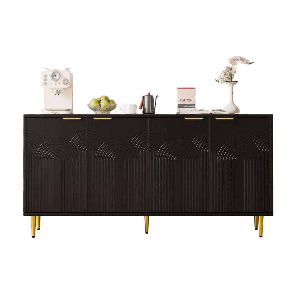 Credenza soggiorno - Zephmum - 4 ante, maniglie dorate, gambe lucide, nero, 160x80x40 cm