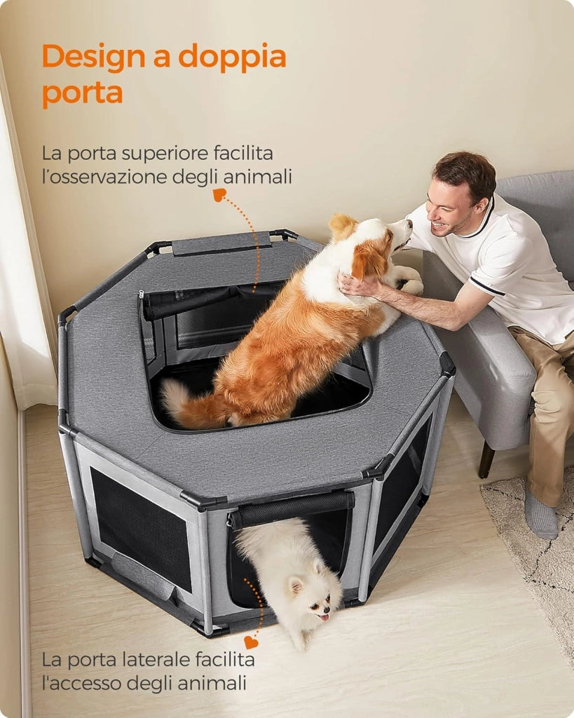 Feandrea Recinto per Cani di Tessuto Oxford, Recinto per Animali Ottagono, L, 112 x 112 x 62 cm, Telaio di Tubi in PVC, Rete Respirante, Tasca Portaoggetti, Grigio Scuro e Grigio Chiaro PDC003G01