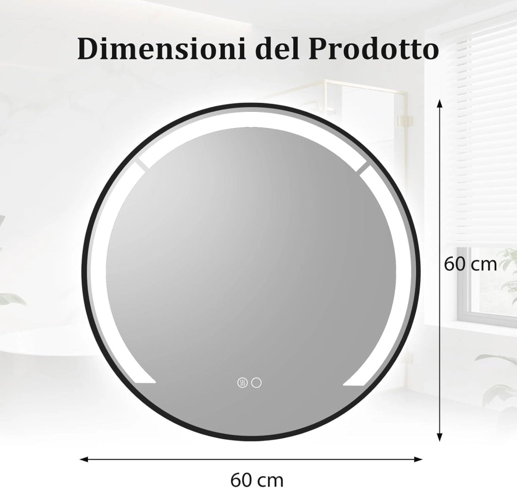Specchio da Bagno LED Rotondo da 60 Cm, Specchio da Toeletta con Cornice in Alluminio, Funzione Antifog, 3 Colori di Luce e Luminosità Regolabile, Specchio Smart da Montare a Parete