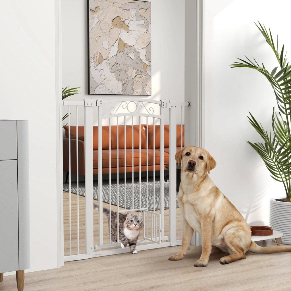 Cancelletto di Sicurezza con Estensioni 76-104 cm e Porta per Gatti Bianco