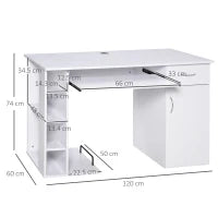 Scrivania per PC Ergonomica con Mensole, Armadietto, Cassetto e Piano Tastiera Estraibile, Bianca, 120x60x74cm