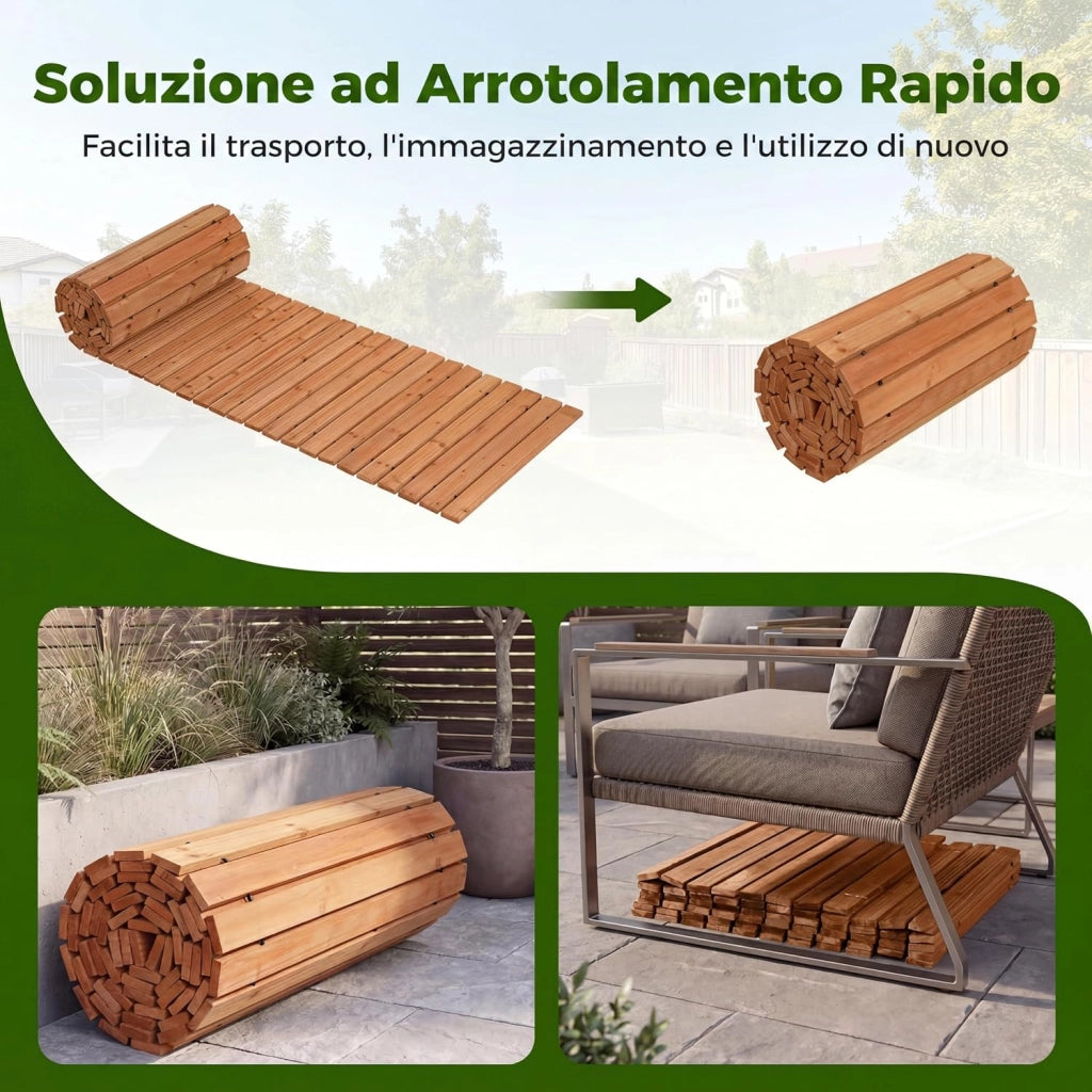 Sentiero da Giardino in Legno, Passerella Decorativa da Esterno, Superficie Antiscivolo, Collegamento con Fili Metallici, Sentiero Arrotolabile per Cortile e Spiaggia, 367 x 55 cm (Naturale)