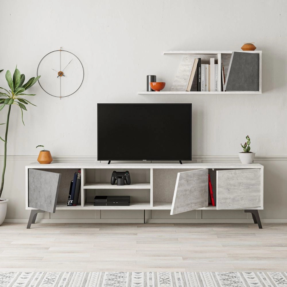 Mobile TV 1 Anta e Mensola 48x35,6x180 cm in MDF Fiona Bianco e Grigio
