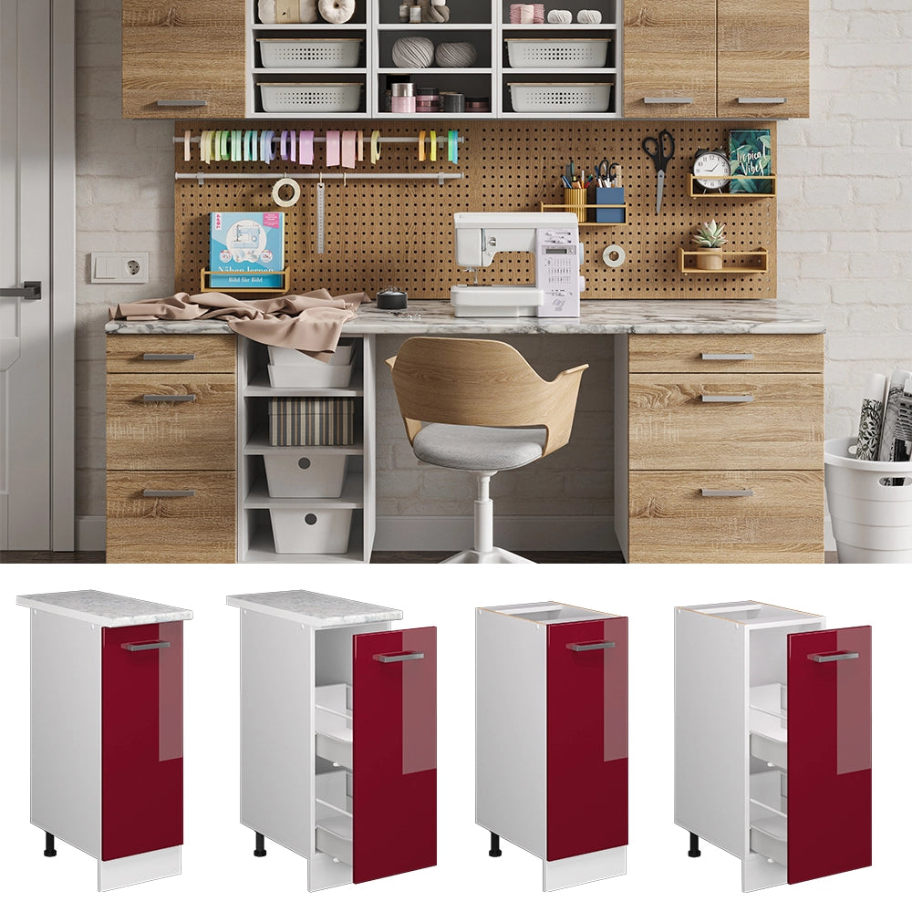 Vicco Base universale Rosso bordeaux lucido 30 cm con anta, con piano di lavoro