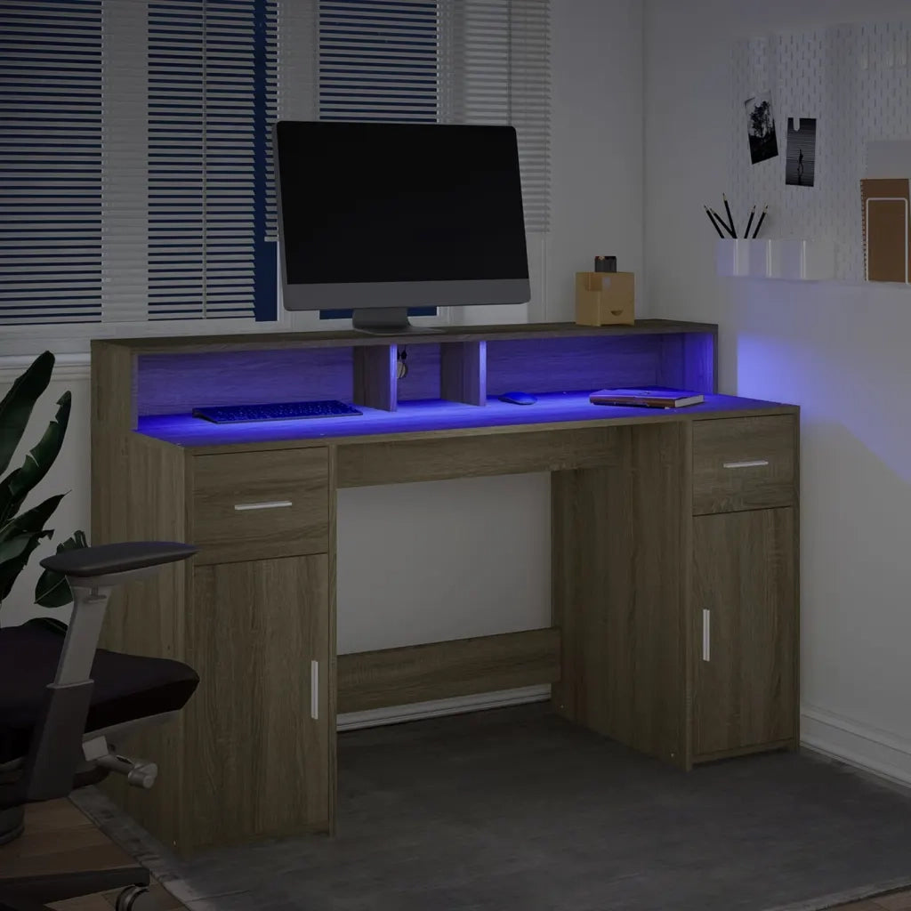 Scrivania con Luci LED Rovere Sonoma 140x55x91cm in Multistrato