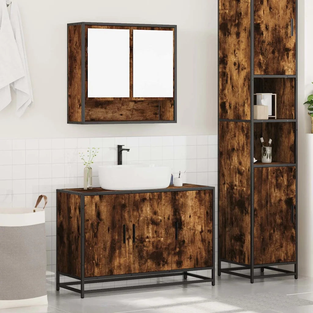 Set Mobili da Bagno | Armadio da bagno 2 pz Rovere Fumo in Legno Multistrato