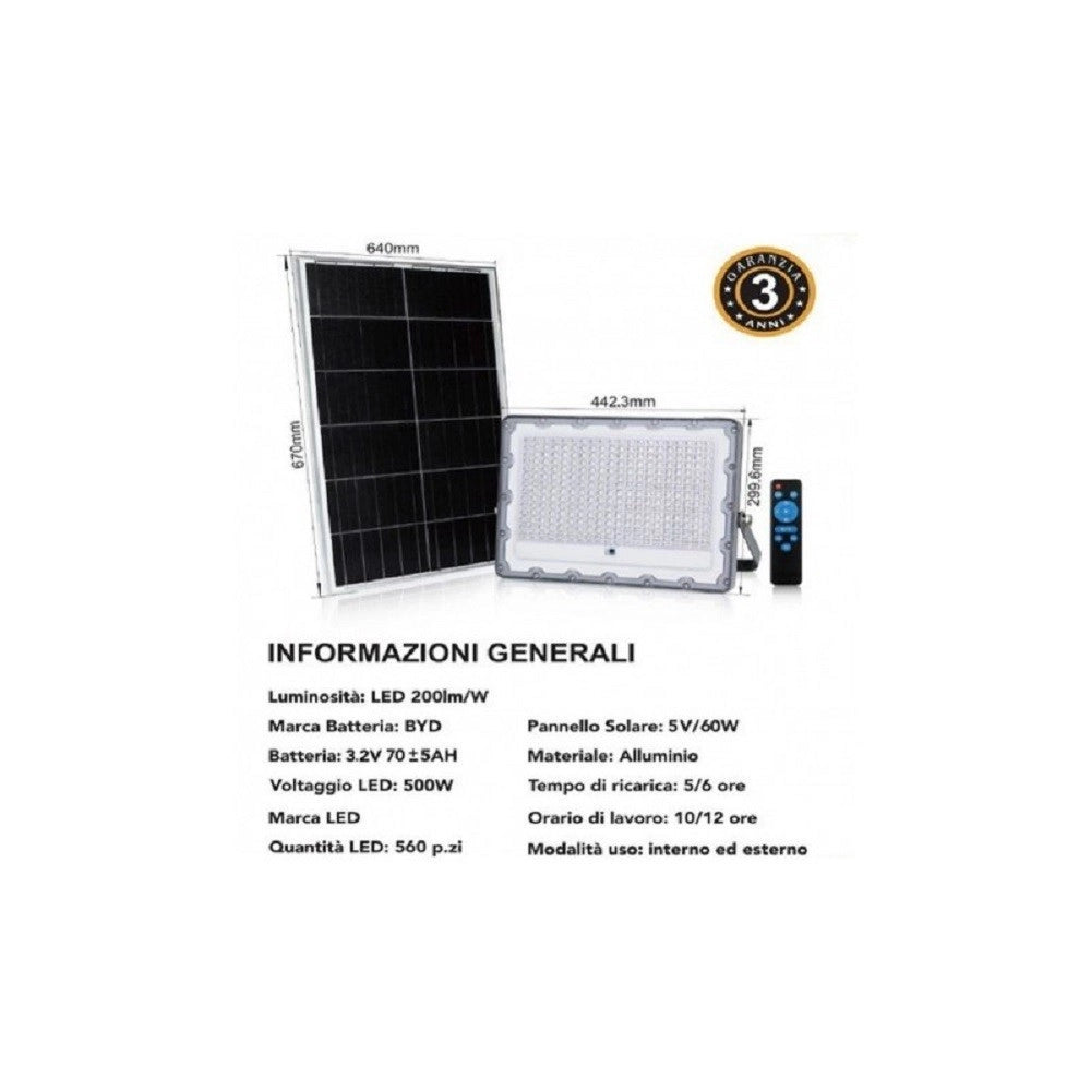 Trade Shop - Faro Led 500 W Crepuscolare Con Pannello Energia Solare Telecomando Ip65 Sl-500w -