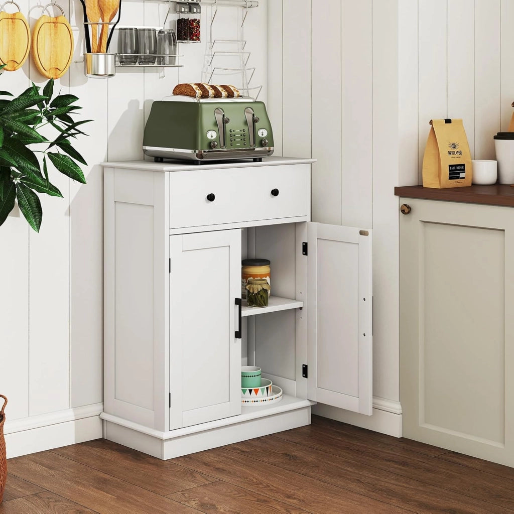 Armadietto da Terra 56 x 30 x 80 cm, Mobile da Bagno con Ante, Cassetto e Ripiano Regolabile, Mobiletto Salvaspazio per Soggiorno, Cucina e Sala da Pranzo (Bianco)