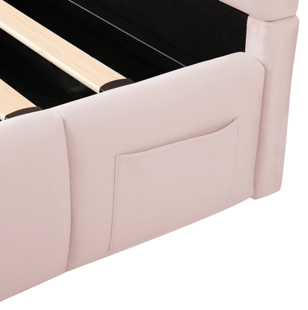 Letto singolo 90x200 cm con contenitore; rete a doghe e USB C; velluto rosa