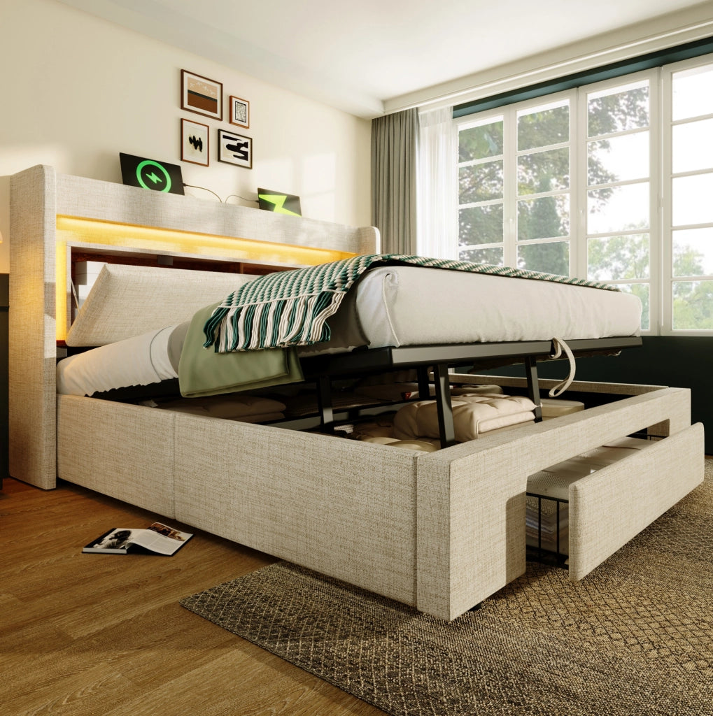 Letto imbottito 160x200 cm con vano contenitore idraulico; LED; USB e USB-C; lino beige