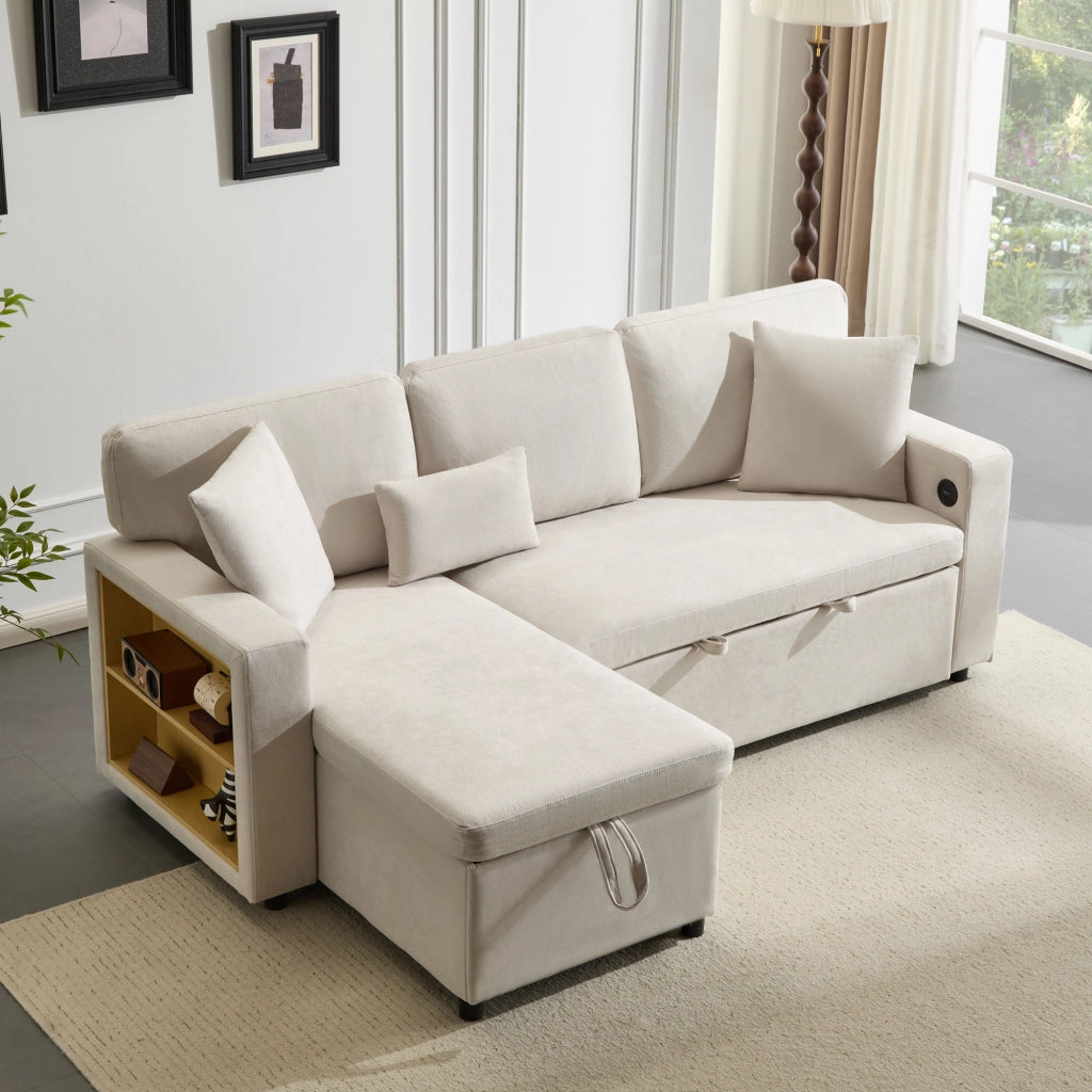 Divano letto angolare 3 posti con chaise longue reversibile; USB e contenitore; beige