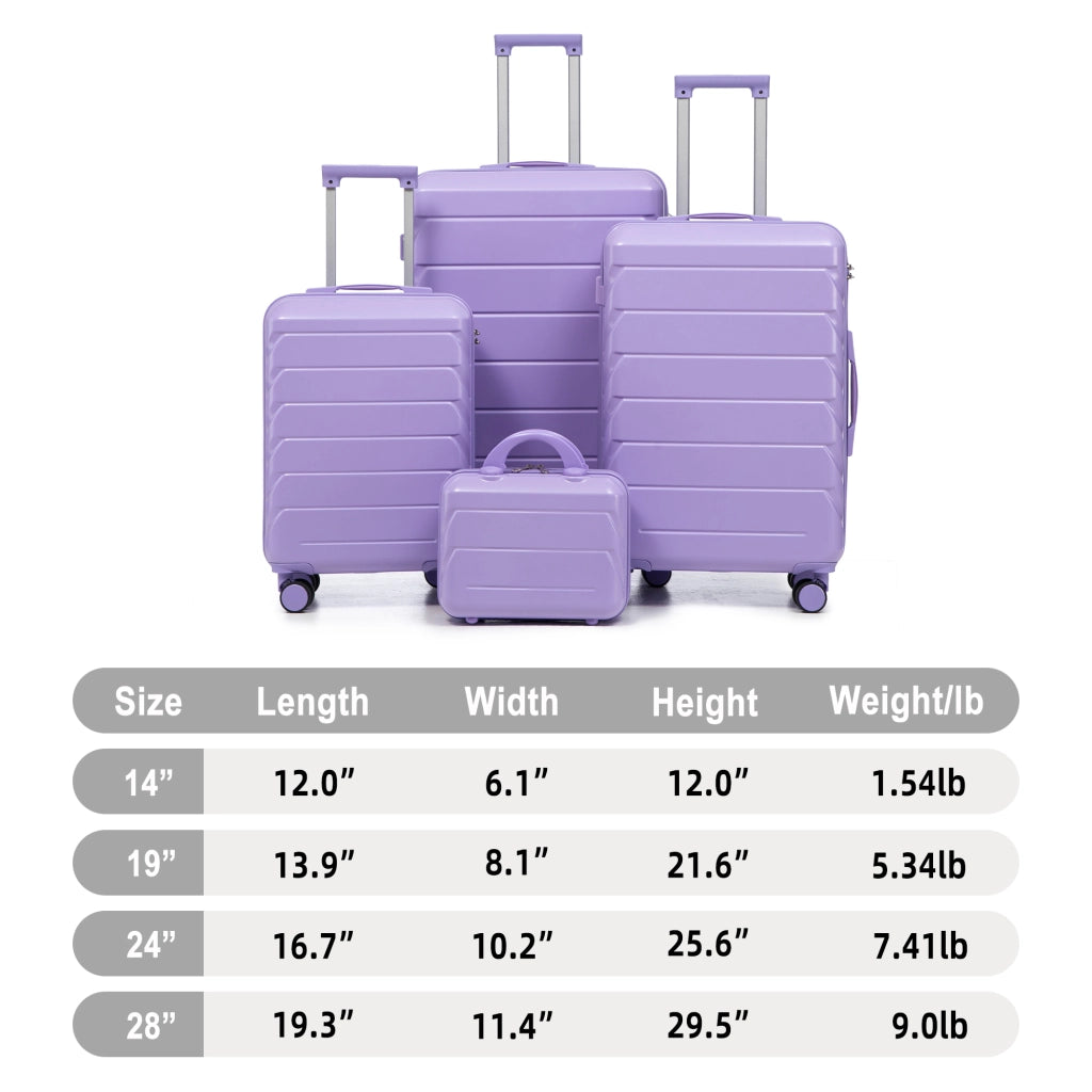 Set di valigie rigide in ABS con trolley a 4 ruote doppie, manico telescopico e borsa cosmetica blu e viola