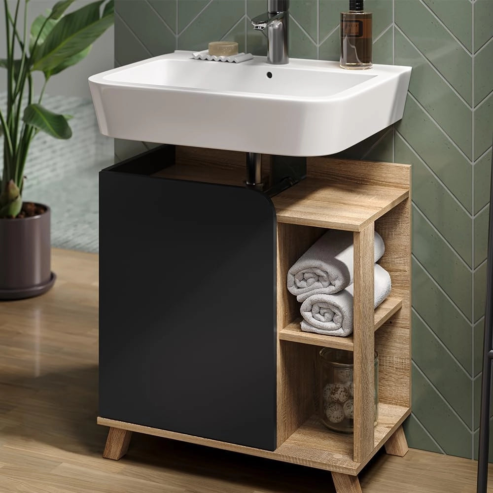 Set di mobili da bagno Karen, Sonoma/antracite, 60 cm, composto da specchio da bagno e mobile sottolavabo