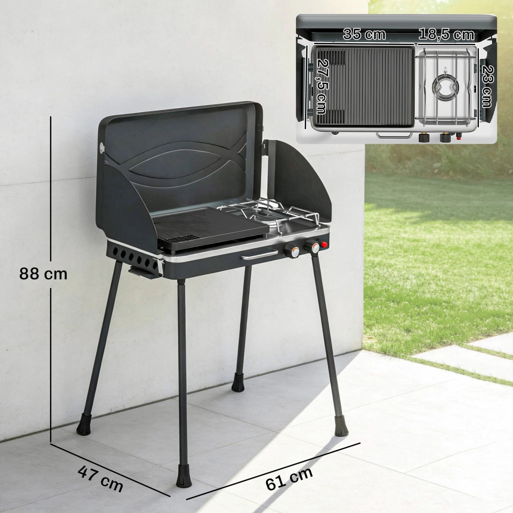 Barbecue a Gas Portatile 2 in 1 ¨C zephmum ¨C 7 kW Grigio Nero con Griglia e Piani