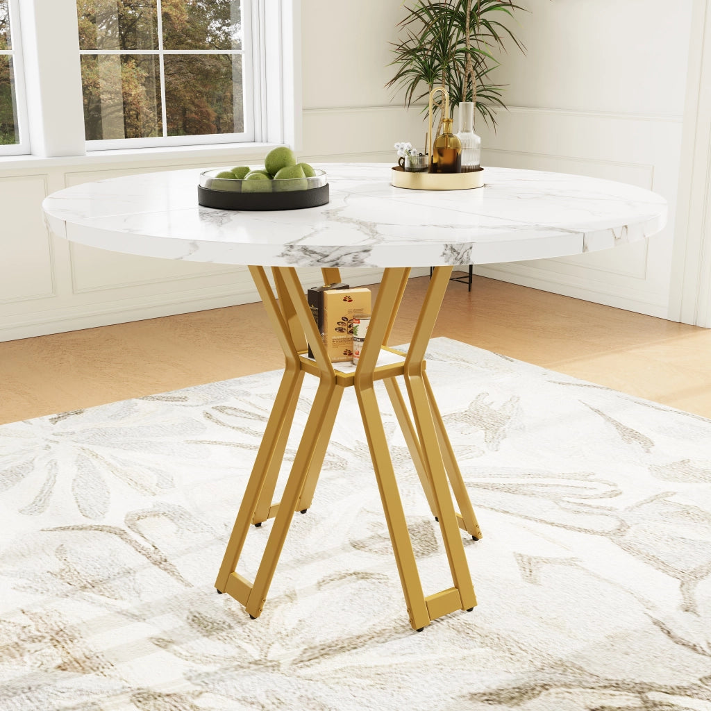 Tavolo da pranzo rotondo per 4-6 persone con piano in MDF effetto marmo e gambe in metallo, per soggiorno 100 × 100 × 76 cm