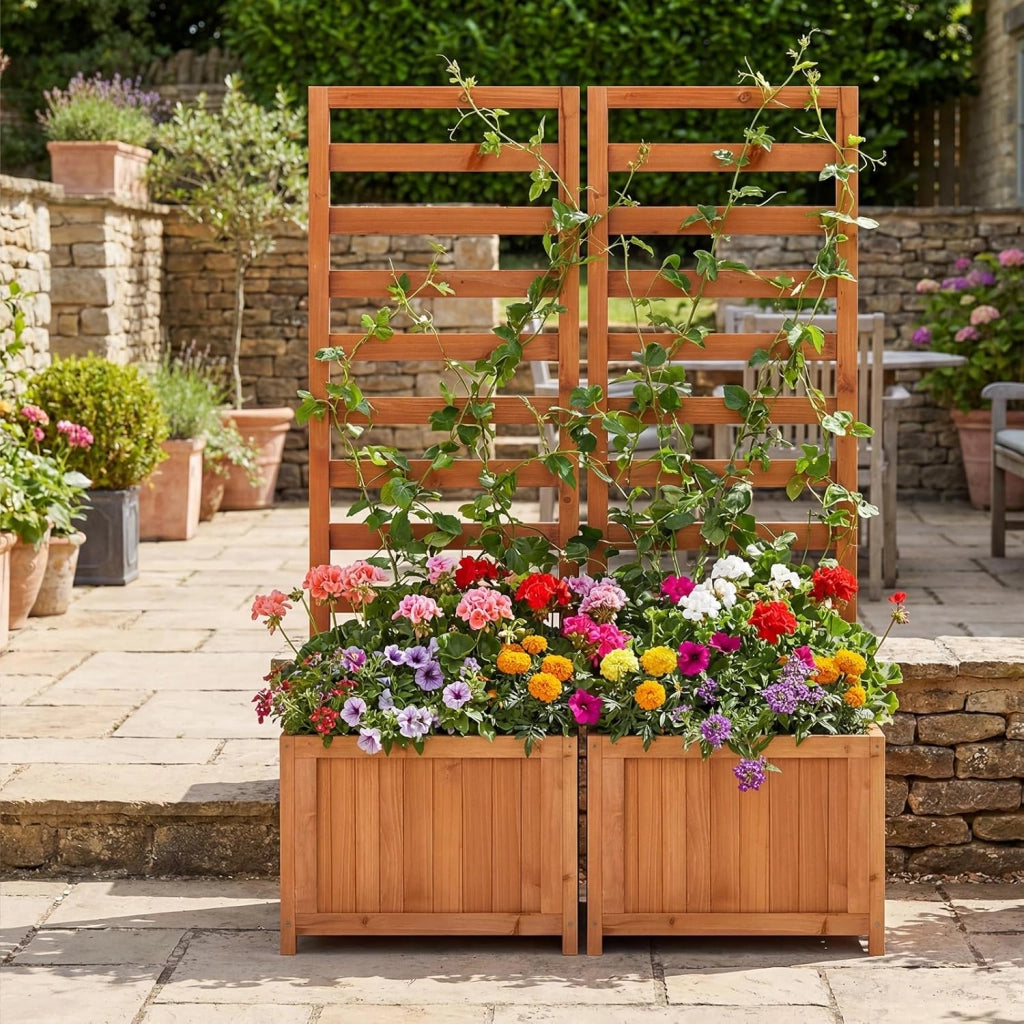Letto da Giardino Rialzato in Legno con Traliccio, Fioriera Elevata con Fori di Drenaggio & Spazi per Piante Rampicanti, Viti, Fiori, Verdure, Fioriera per Interni ed Esterni (Arancione)