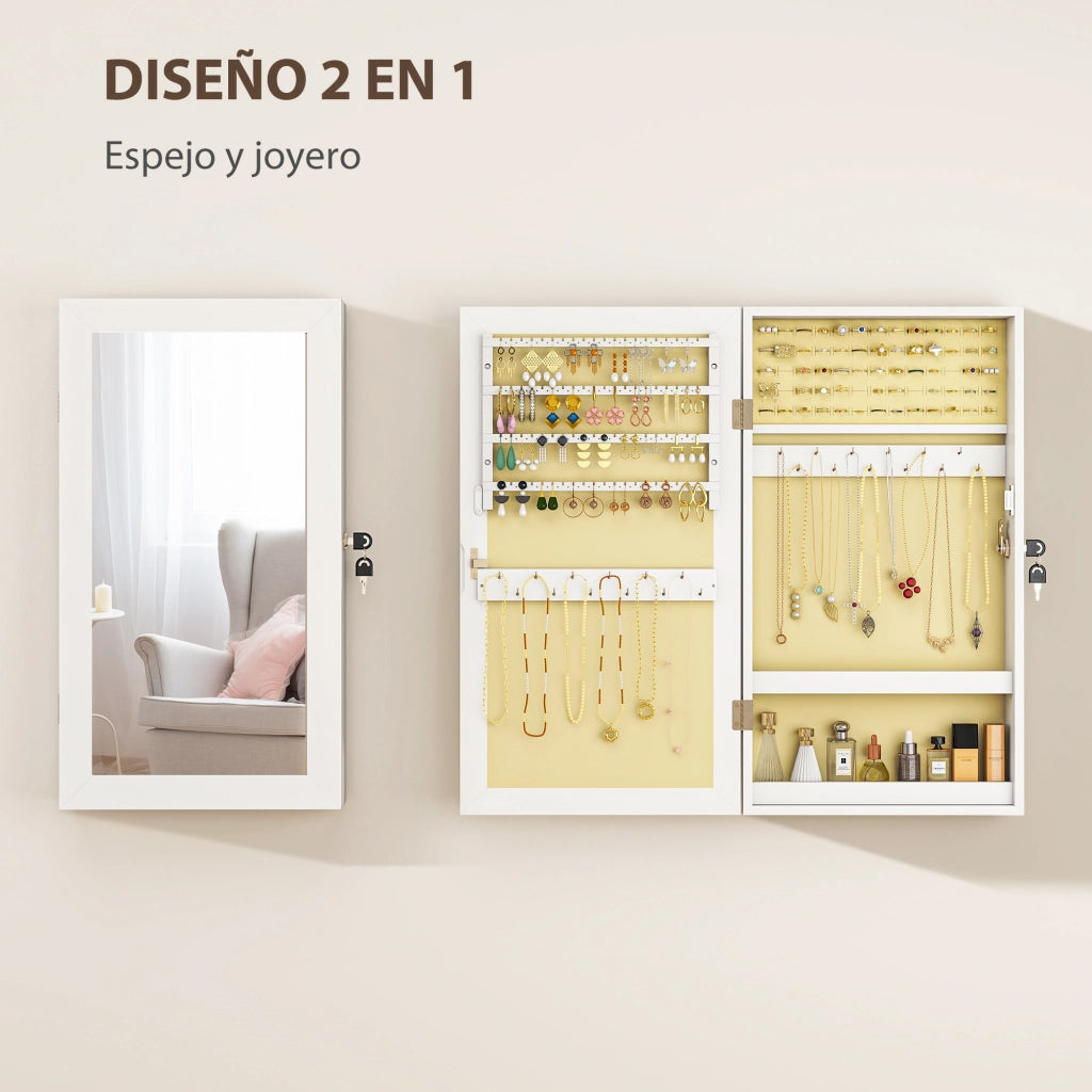 Specchio Portagioie da Parete con Serratura ¨C Xylo ¨C Bianco con Fodera Crema