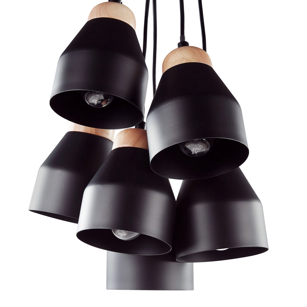 Cluster Lampada a Sospensione Metallo Nero e Legno Chiaro 6 Luci Forma Campana Moderna