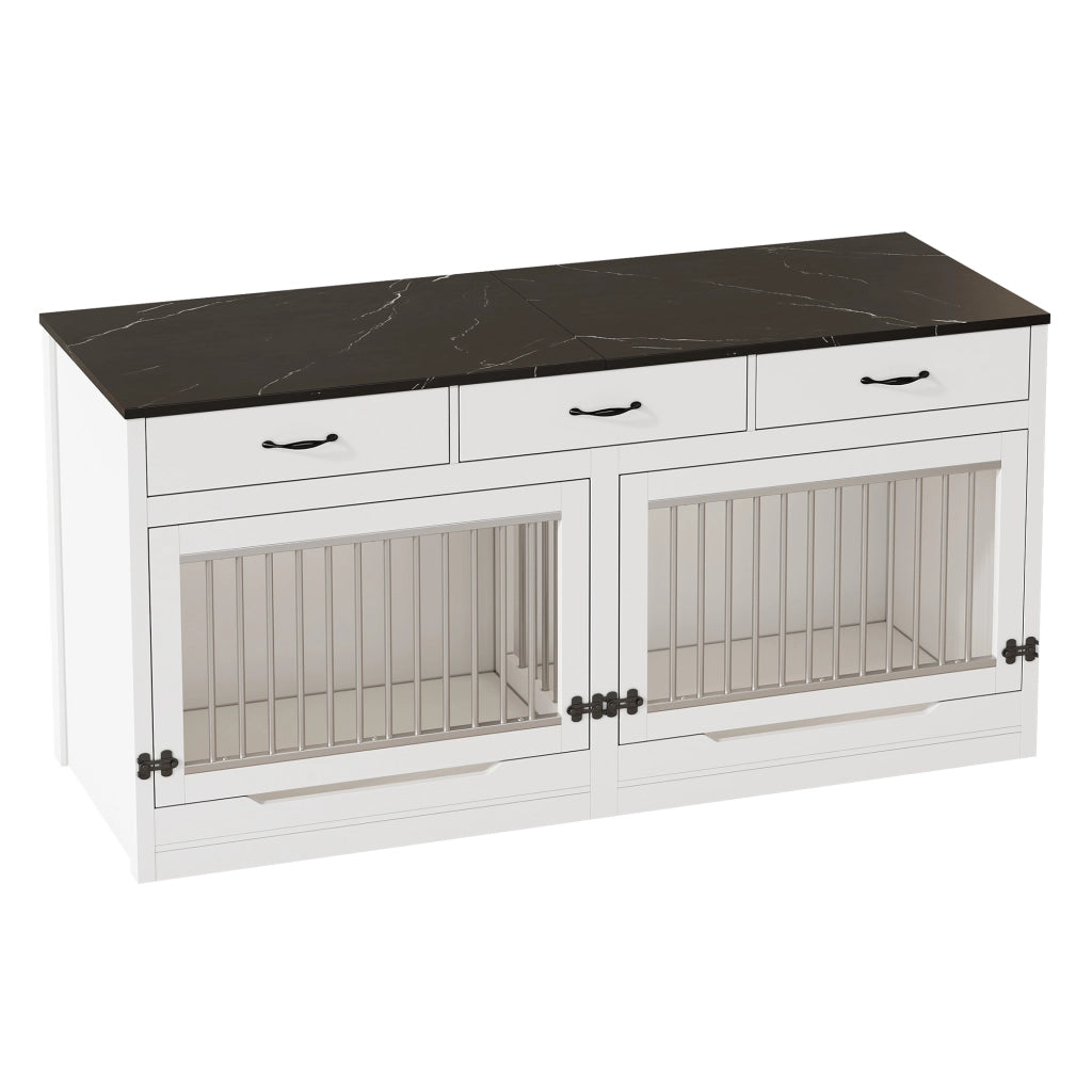 Mobile Gabbia per Cani 164×60×81 cm con Divisorio Rimovibile; 3 Cassetti e Piano Effetto Marmo Nero