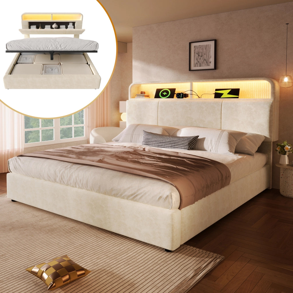 OKWISH Letto Contenitore 140×200 cm, Letto Matrimoniale con LED Regolabile, USB, Tipo C e Testiera Regolabile, con Materasso, in Velluto, Beige