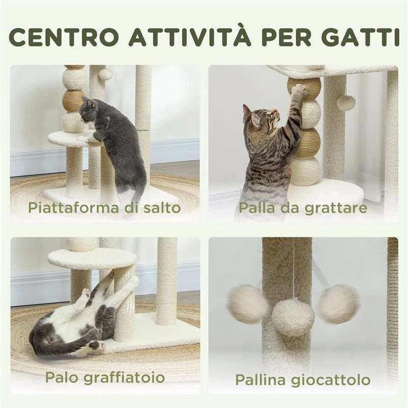 TORRE PER GATTI CON LETTINO PIATTAFORMA E PALLINA GIOCATTOLO IN LEGNO PELUCHE E IUTA 48.5X40X76 CM BEIGE