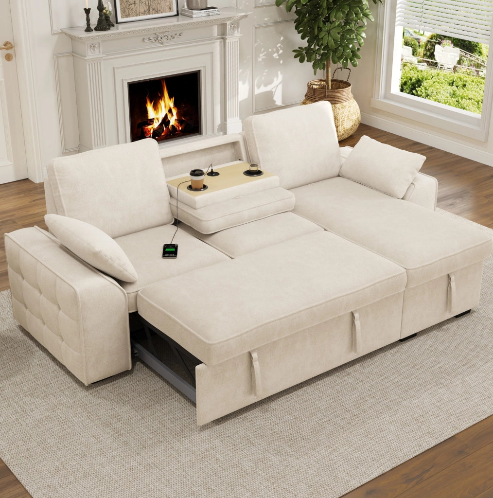Divano angolare 3 posti 237x141x86 cm in ciniglia beige con contenitore; tavolino e USB