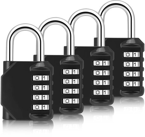 Pacco di 4 combinatrici resistenti all'usura, serrature di sicurezza in acciaio zincato con codice combinato, serrature a 4 cifre, serrature di sicurezza in acciaio inossidabile per sporte e armadi, porticine per giardino (B, nero)