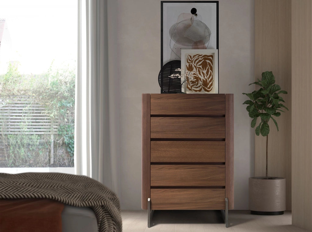 Chiffoniera in noce e acciaio scuro metallizzato con piano in marmo porcellanato