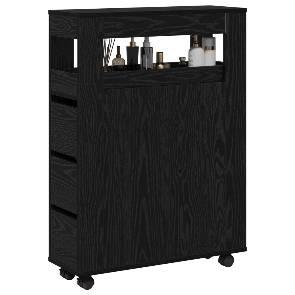 Armadio da bagno stretto con ruote Rovere nero Legno ingegnerizzato