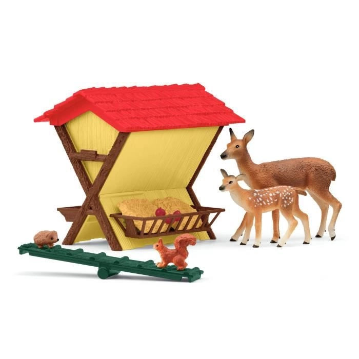 Capanna degli animali della foresta, cassapanca Schleich con capanna, 1 cerva, 1 cerbiatto, 1 scoiattolo, 1 riccio, per bambini dai 3 anni - schle