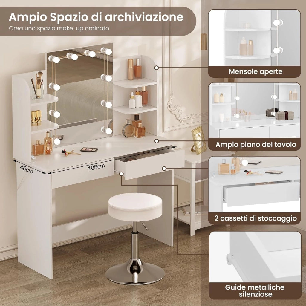 Toeletta Trucco con Specchio, Luci LED Luminosità Regolabile, Sgabello Girevole, 108x40 cm, Tavolo da Trucco Bianco con 2 Cassetti e 4 Ripiani, in Legno, MB6106ws
