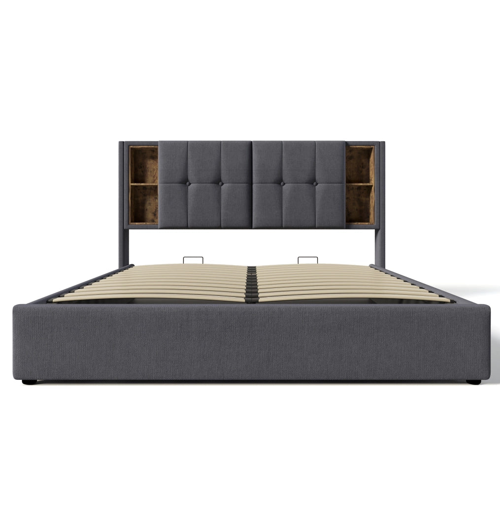 Letto matrimoniale ULEVR 180x200 cm con contenitore, ricarica wireless, 2 USB e Type-C, cotone grigio