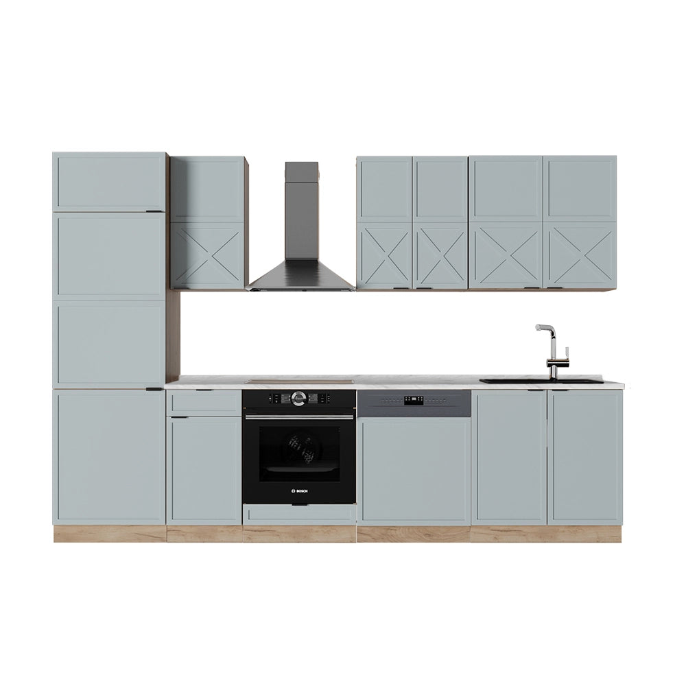 Cucina componibile Fame-Line Blu-grigio chiaro/Rovere dorato 300 cm senza piano di lavoro Vicco