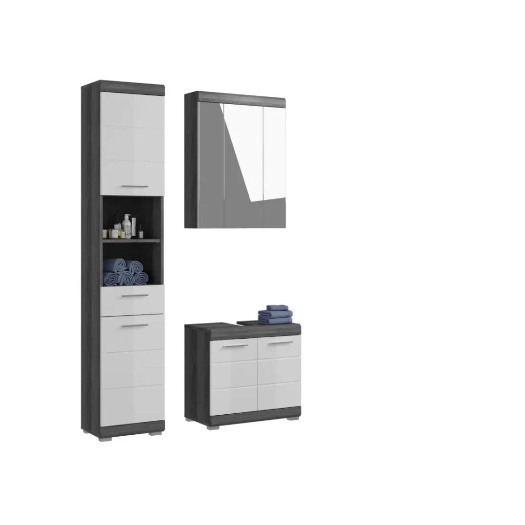 Set bagno SCOTT – Mobile sottolavabo, mobiletto con specchio e colonna – Grigio scuro e bianco