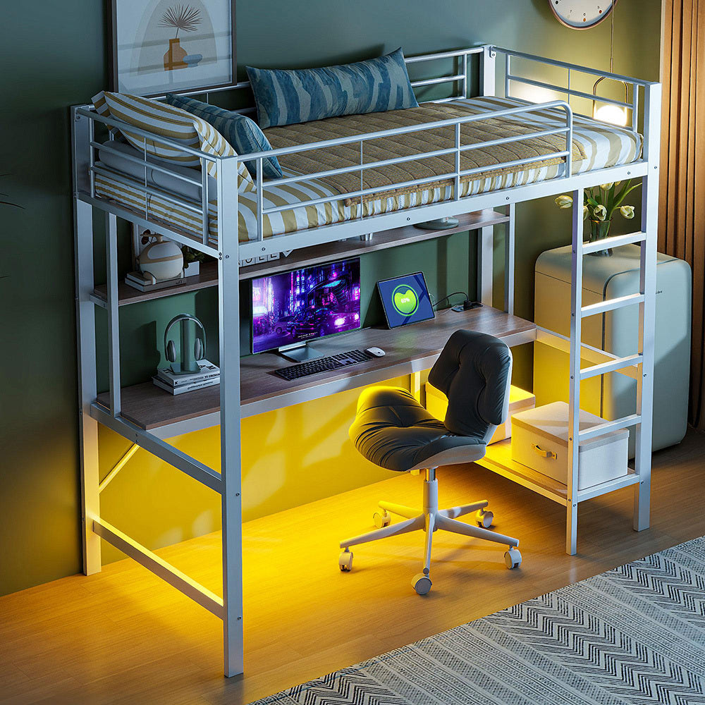 Letto mezzanino 90x200cm - Xylo - bianco, USB, illuminazione RGB