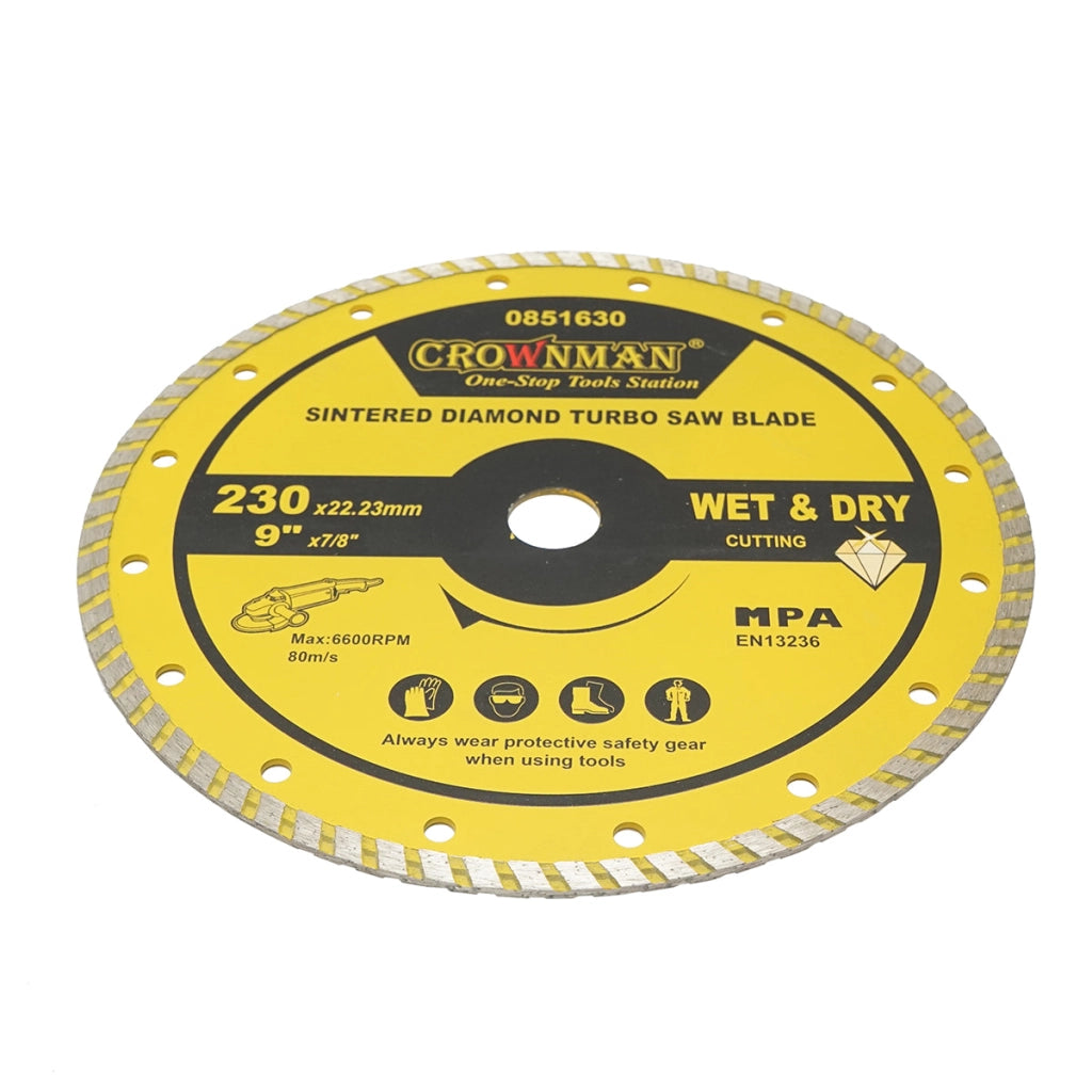 Disco diamantato sinterizzato turbo 230x22,23mm, max. velocità. 6600 giri/min, taglio a umido/a secco per pietra, arenaria, ceramica, marmo Crownman
