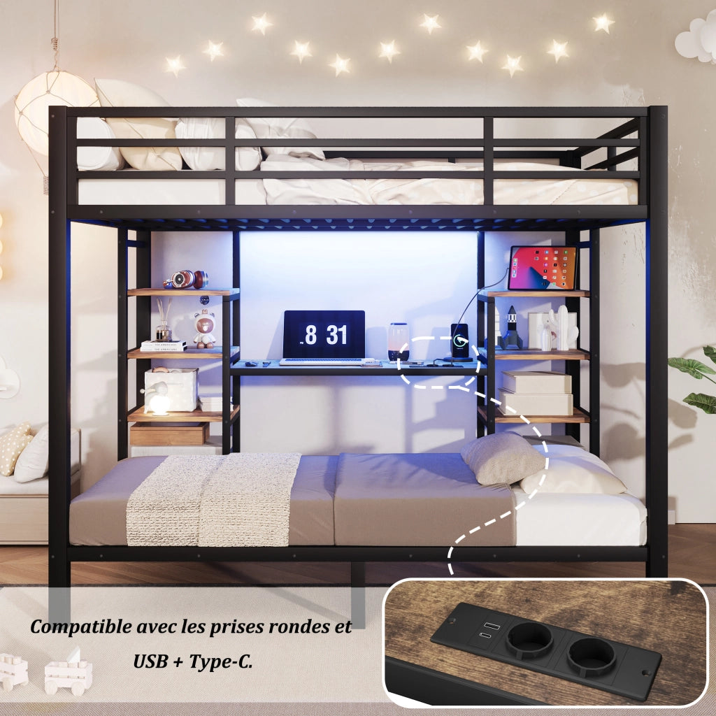 Letto a castello familiare 90x200 / 140x200 cm, 3 posti letto con ripiani portaoggetti, prese USB/Type-C/Jack e illuminazione LED, metallo nero