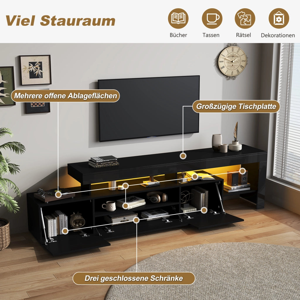 Mobile porta TV con LED, 3 ante e vani aperti, per soggiorno, in pannello truciolare, nero, 192 × 37 × 53 cm