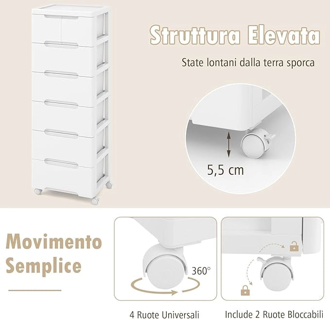 Cassettiera a 6 Cassetti, Comò Camera da Letto con Ruote Universali Bloccabili, Mobile Salvaspazio Moderno per Ufficio, Scrivania, Bagno e Cameretta, 40 x 32 x 114 cm