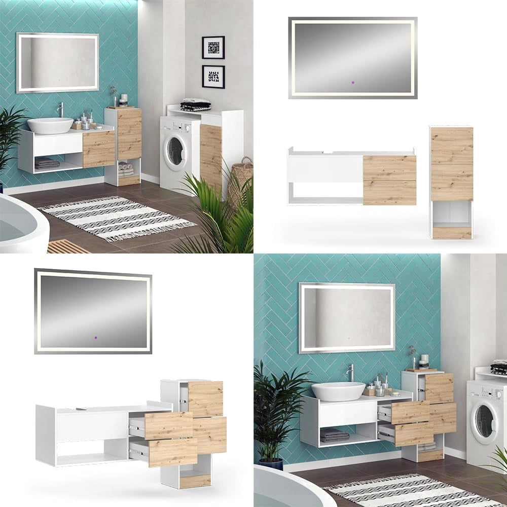 Set di mobili da bagno Alf, Bianco, 105 cm, composto da mobile sottolavabo, specchiera e mobile medio
