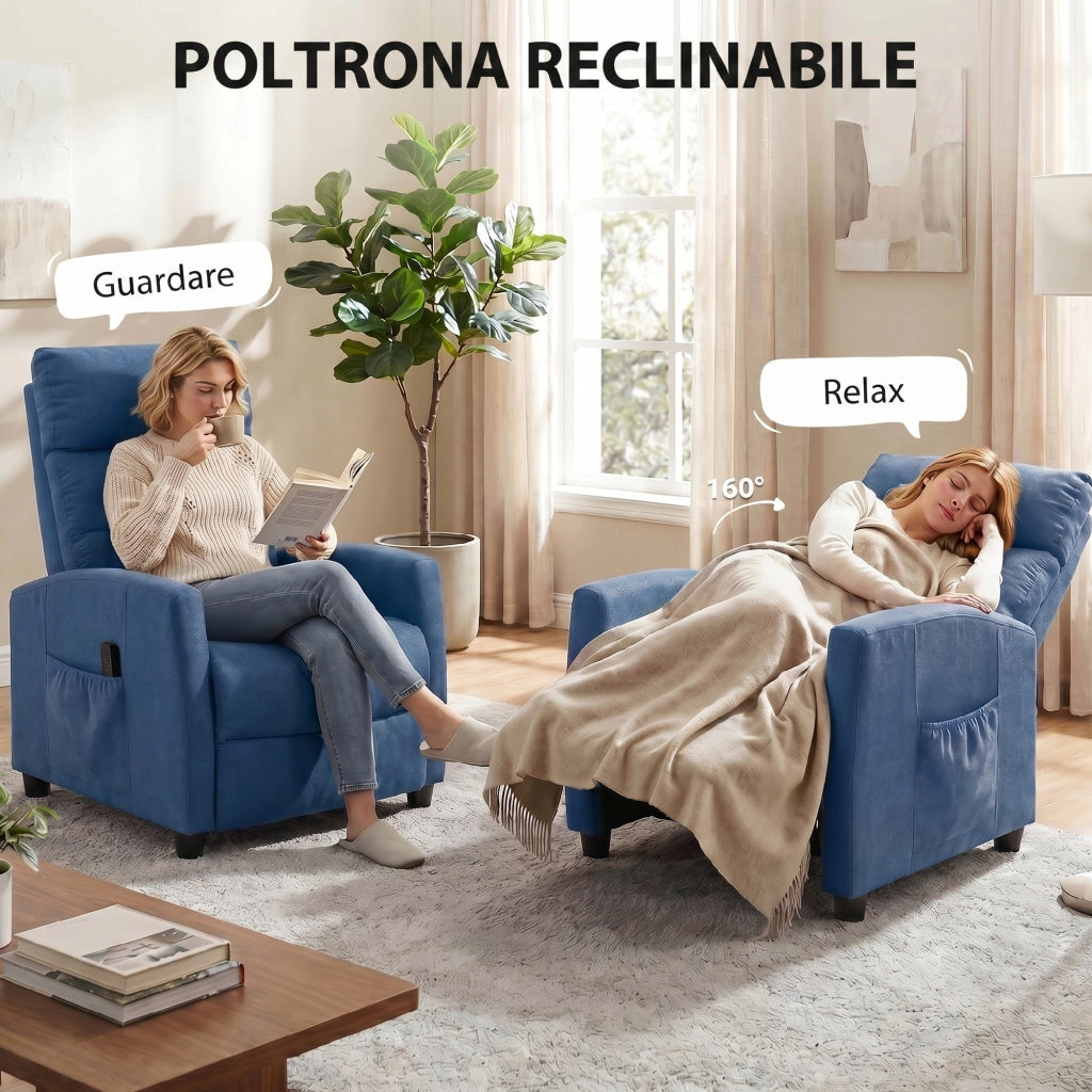 Poltrona Massaggiante e Reclinabile a 160° con Poggiapiedi e Telecomando, 66x91x108 cm, in Ciniglia Blu Scuro